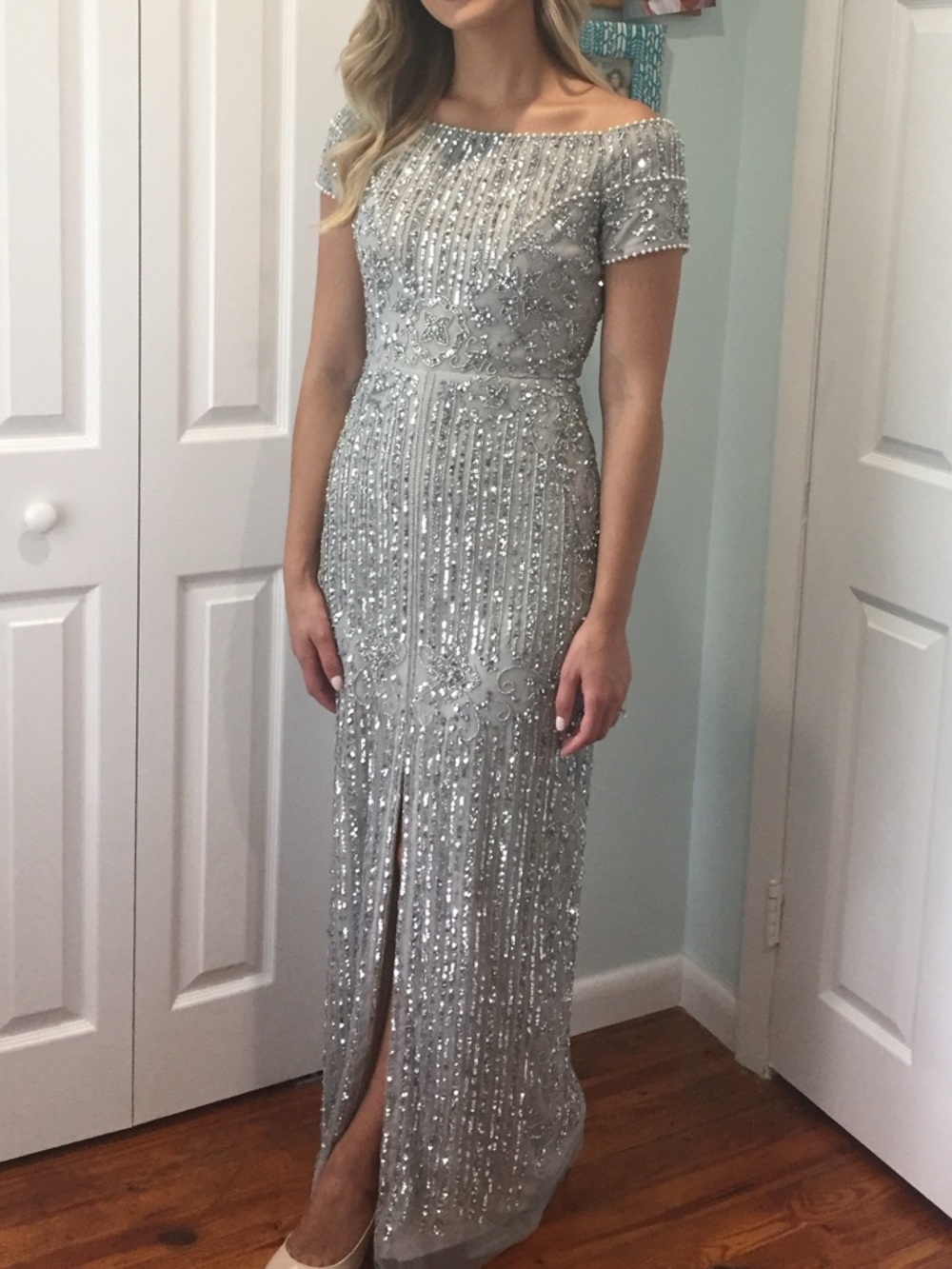 Adrianna Papell Silver Beaded Off-Shoulder Maxi Gown